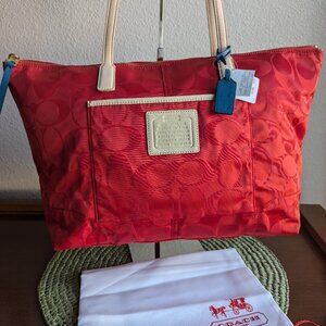 Coach Fabric Purse Zip City Tote Bag Red C Print Beige Leather Trim - NWT